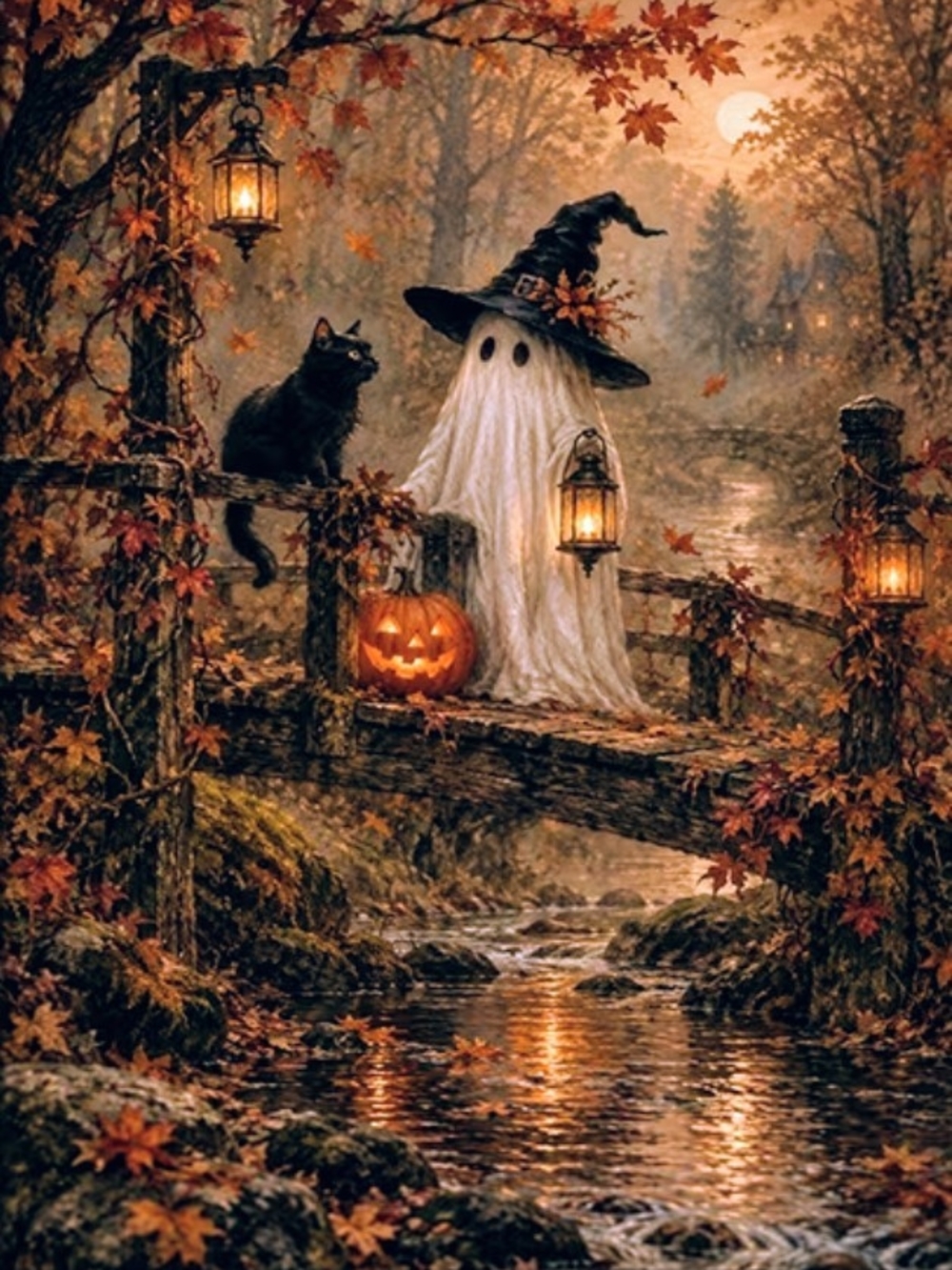 Autumn Witching Hour Ghost Halloween Wall Art - Orange & Black 8x10 Print